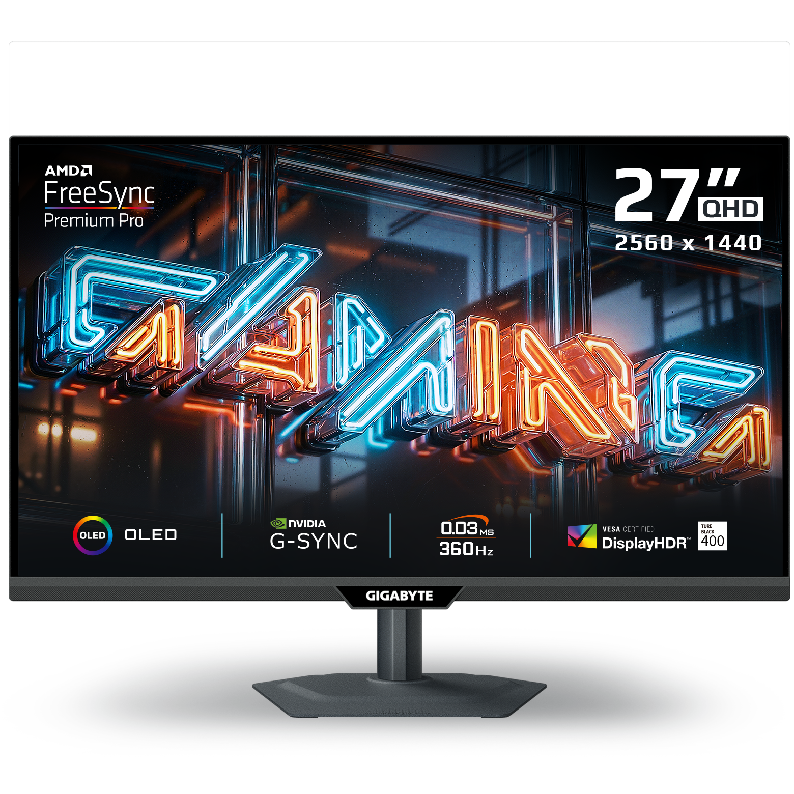 A large main feature product image of Gigabyte MO27Q3 OLED - 27" 1440p 360Hz 0.03ms Gaming Monitor