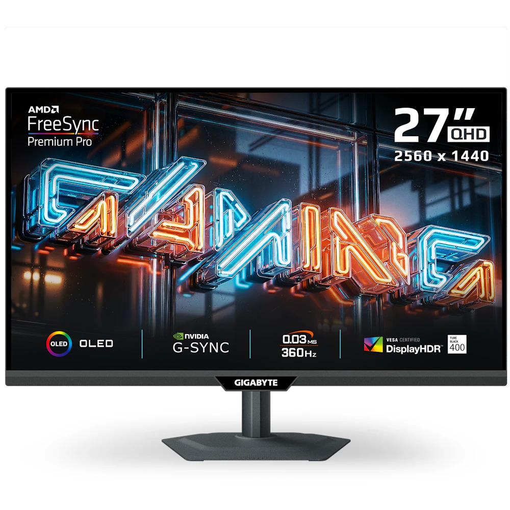 A large main feature product image of Gigabyte MO27Q3 OLED - 27" 1440p 360Hz 0.03ms Gaming Monitor