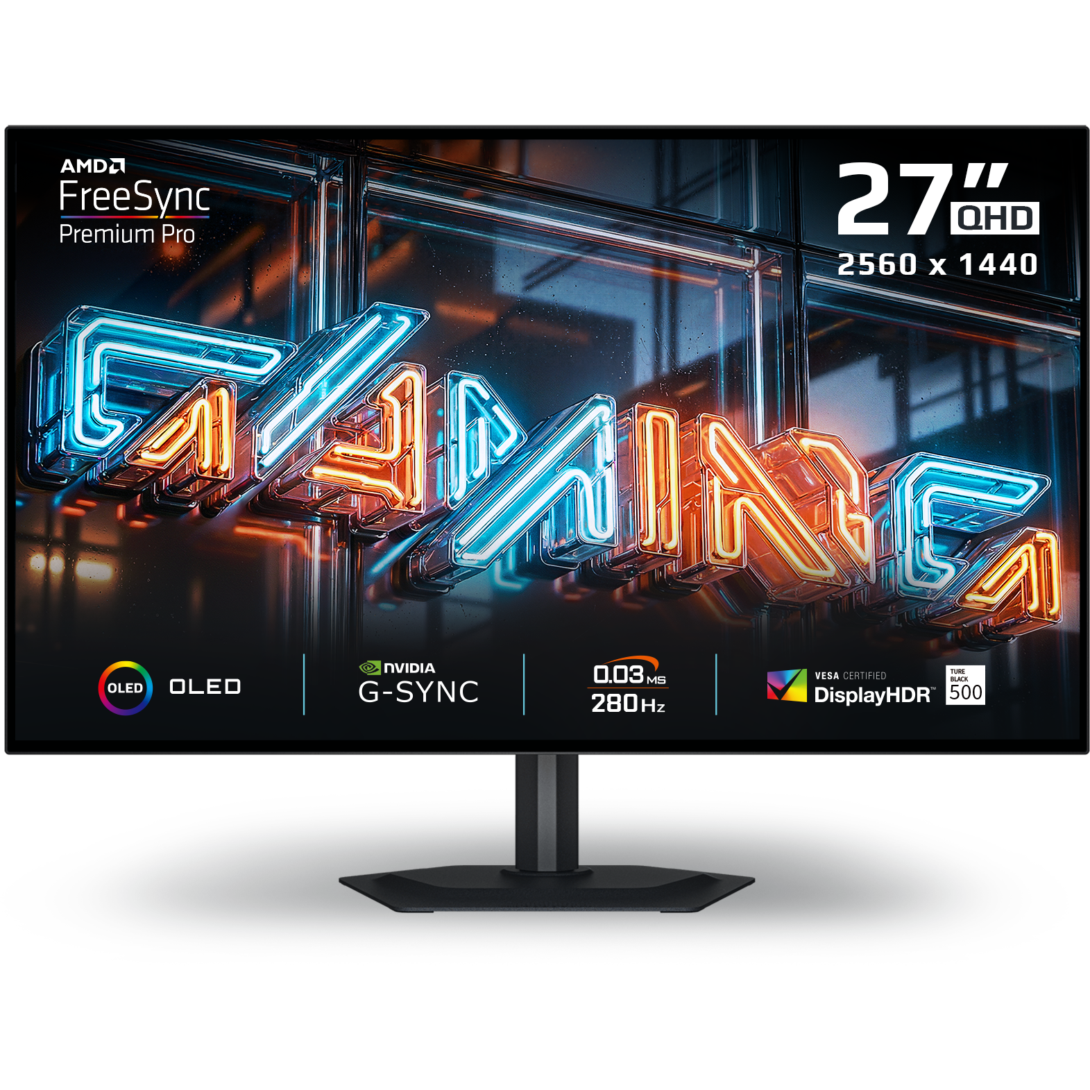 A large main feature product image of Gigabyte MO27Q28G OLED 27" 1440p 280Hz 0.03ms Gaming Monitor