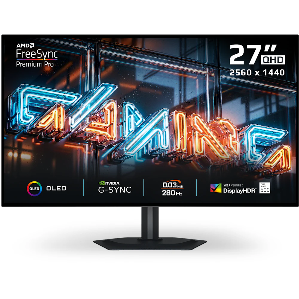 A large main feature product image of Gigabyte MO27Q28G OLED 27" 1440p 280Hz 0.03ms Gaming Monitor