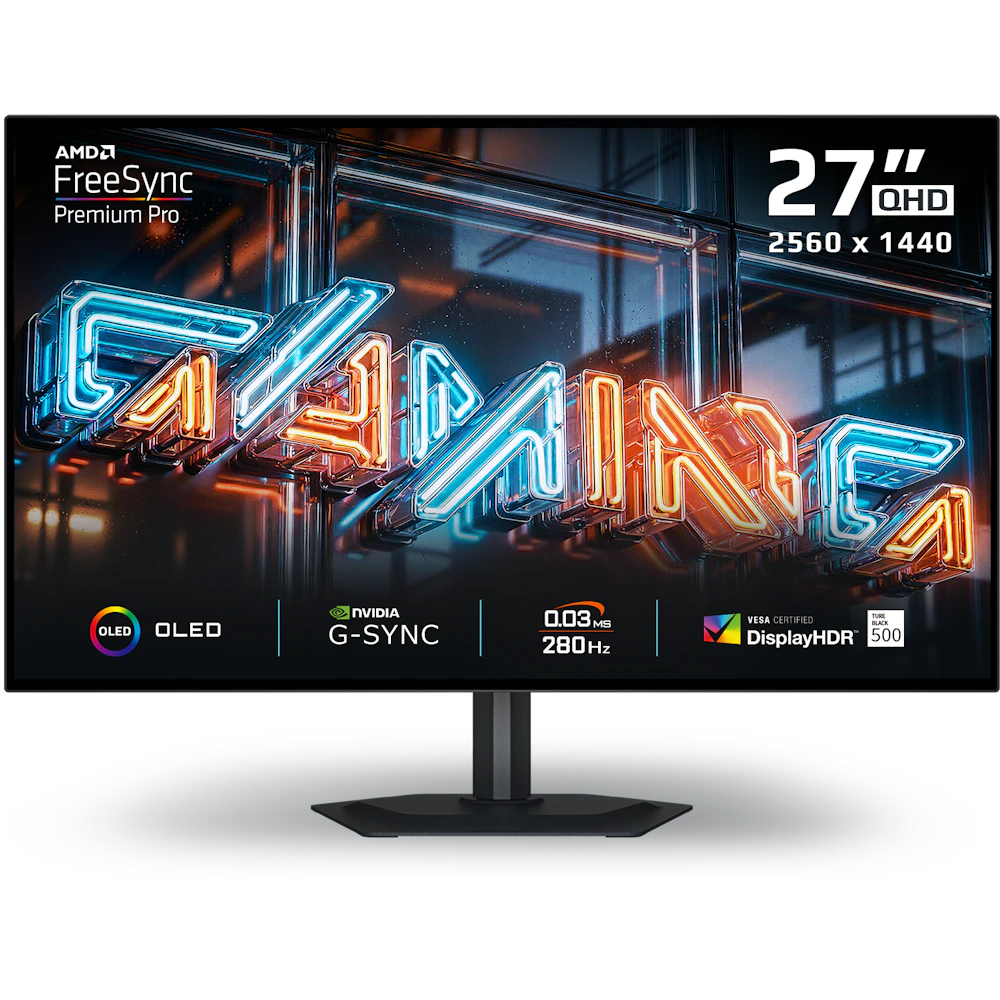 A large main feature product image of Gigabyte MO27Q28G OLED 27" 1440p 280Hz 0.03ms Gaming Monitor