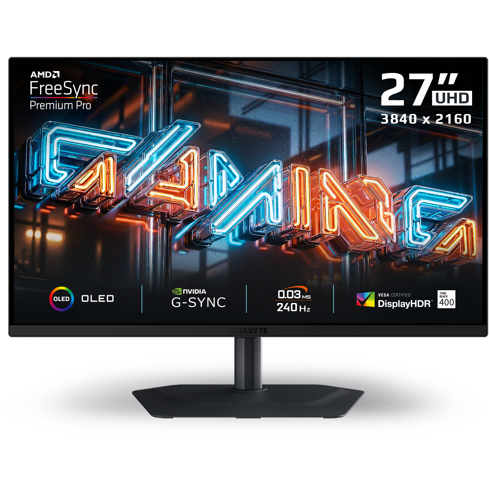 A large main feature product image of Gigabyte MO27U2 OLED - 27" 4K 2160p 240Hz 0.03ms Gaming Monitor