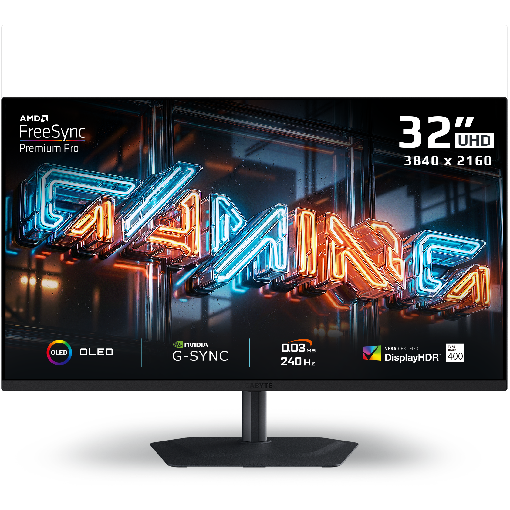A large main feature product image of Gigabyte MO32U2 OLED- 32" 4K 2160p 240Hz 0.03ms Gaming Monitor 