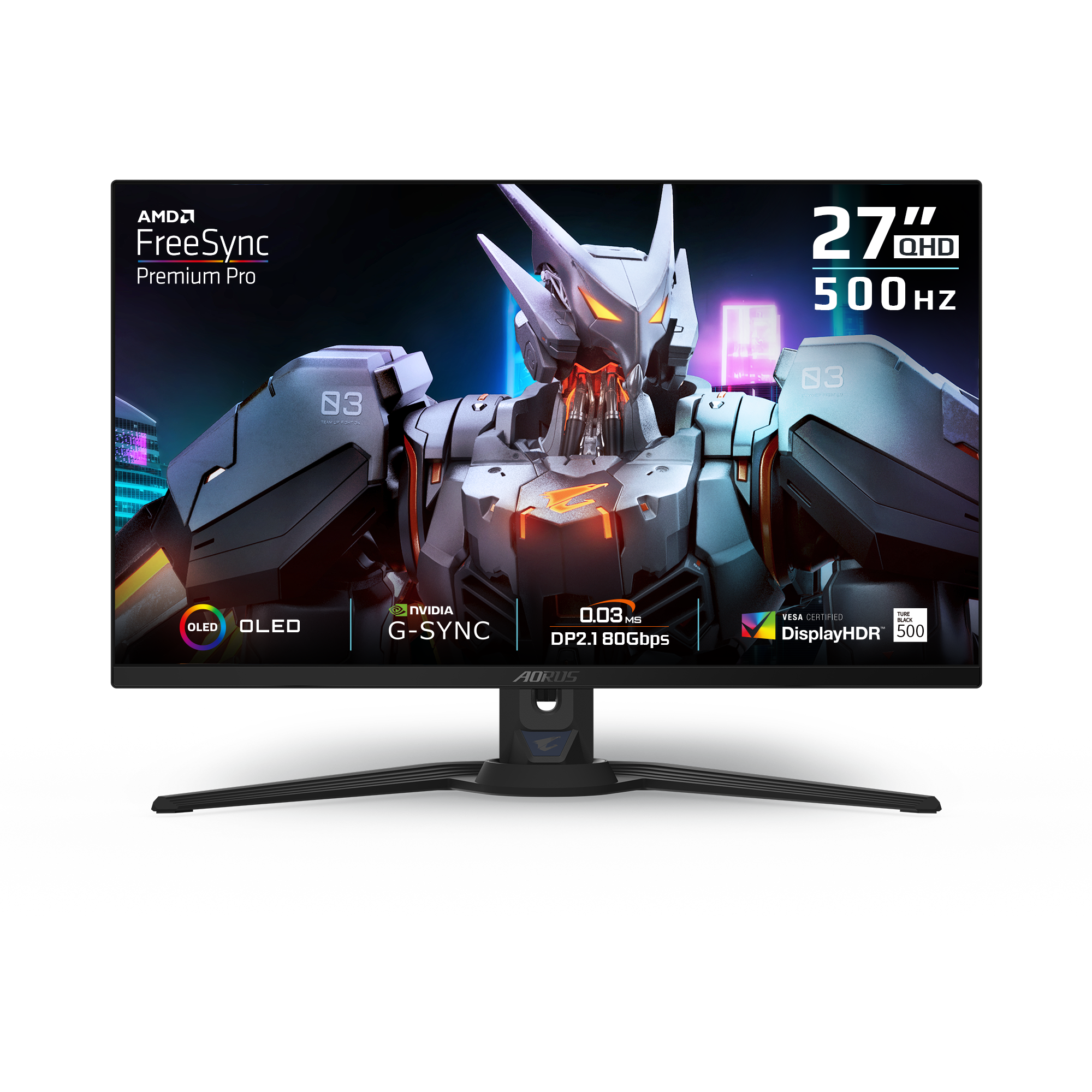 A large main feature product image of Gigabyte AORUS OLED FO27Q5P - 27" 1440p 500Hz 0.03ms Gaming Monitor