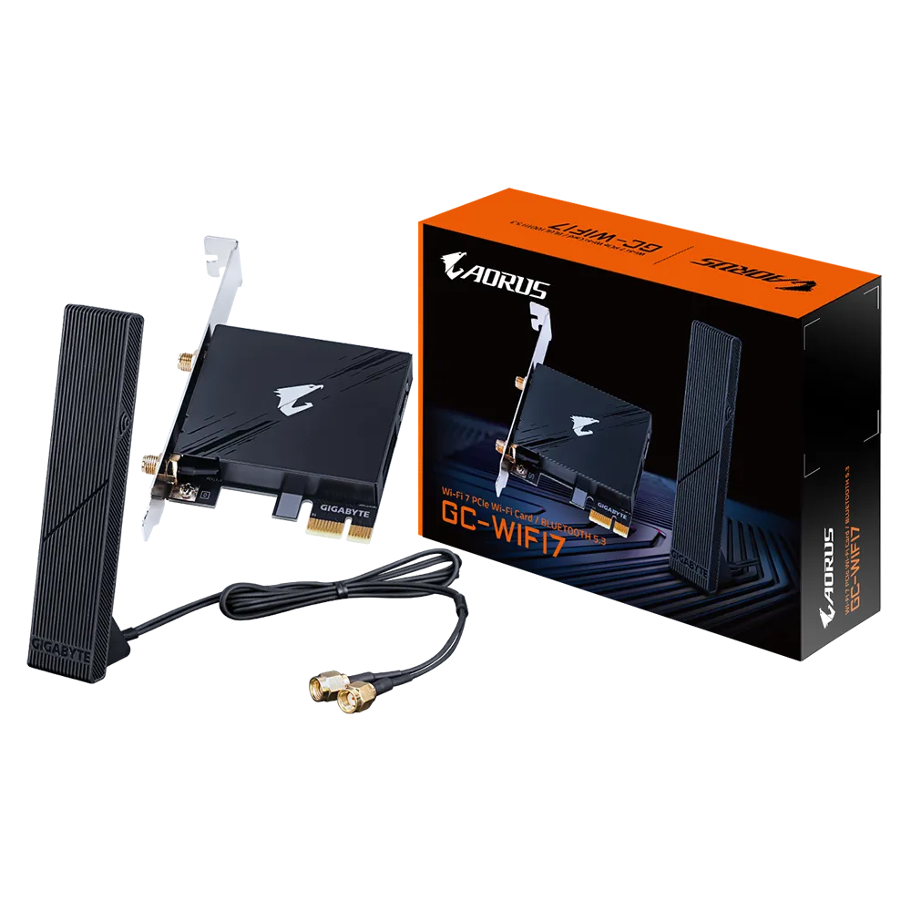 A large main feature product image of EX-DEMO Gigabyte GC-WIFI7 Tri-Band Wi-Fi 7 Bluetooth 5.3 Wireless PCIe Adapter