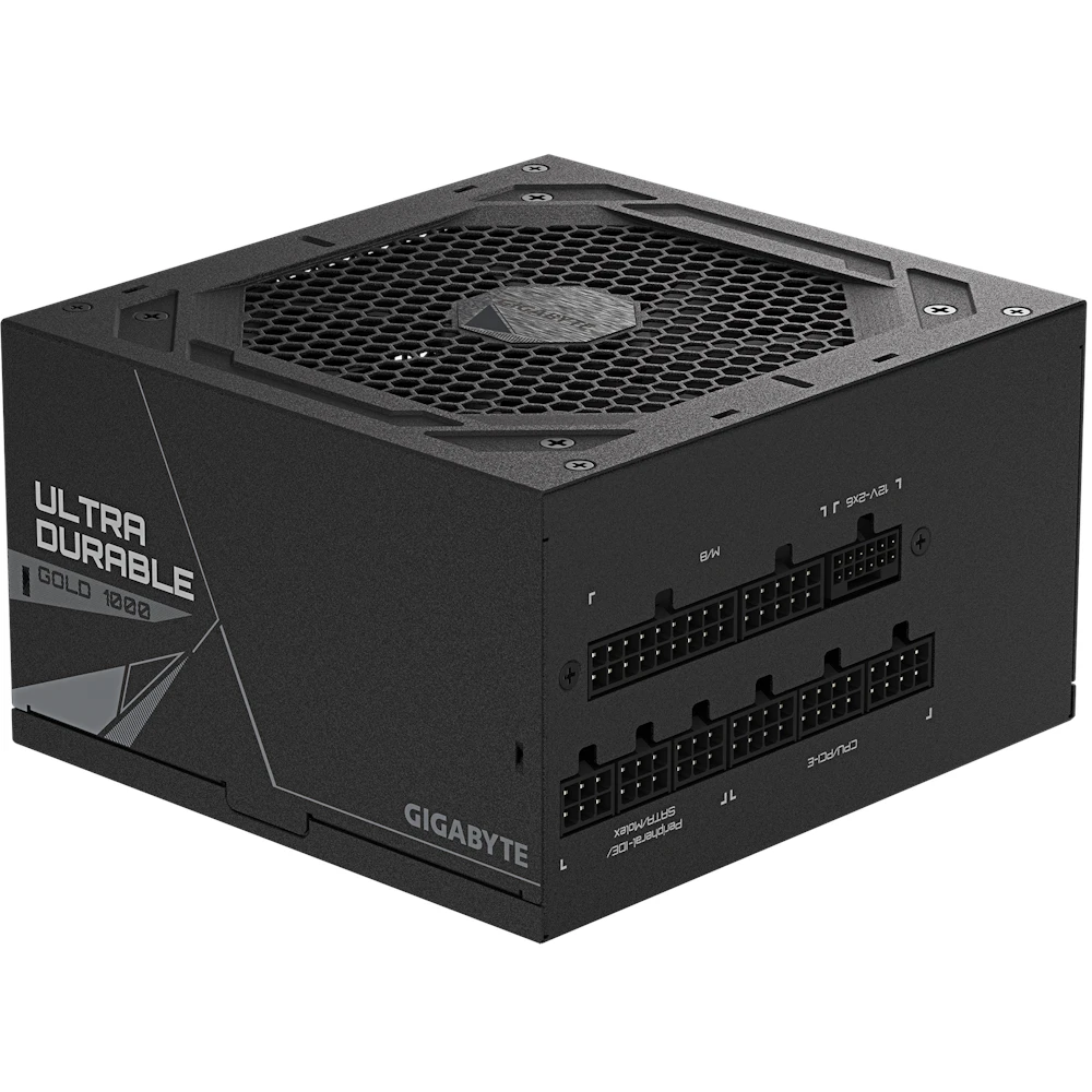 A large main feature product image of EX-DEMO Gigabyte UD1000GM PG5 V2 1000W Gold PCIe 5.1 ATX 3.1 Modular PSU - Black