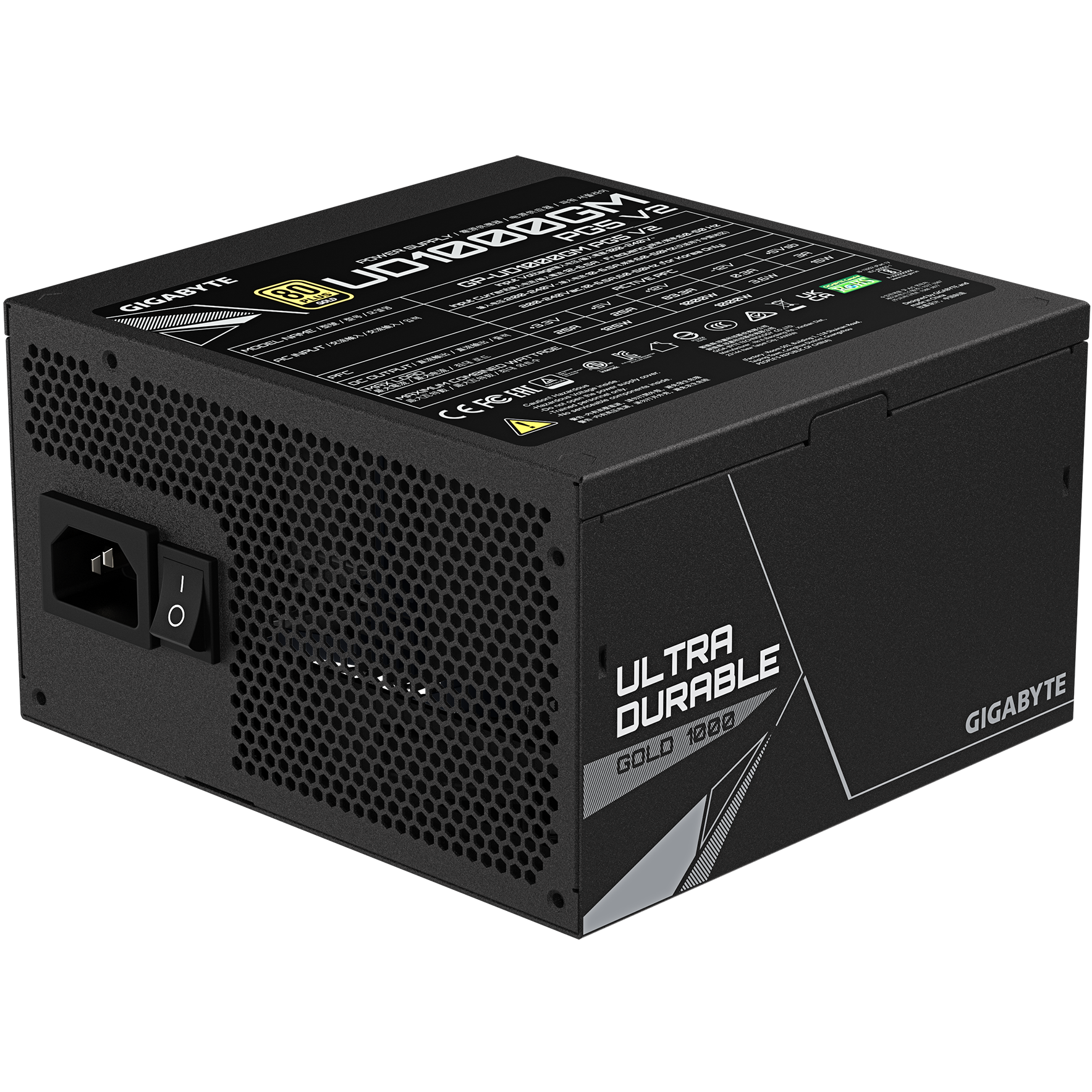 A large main feature product image of EX-DEMO Gigabyte UD1000GM PG5 V2 1000W Gold PCIe 5.1 ATX 3.1 Modular PSU - Black