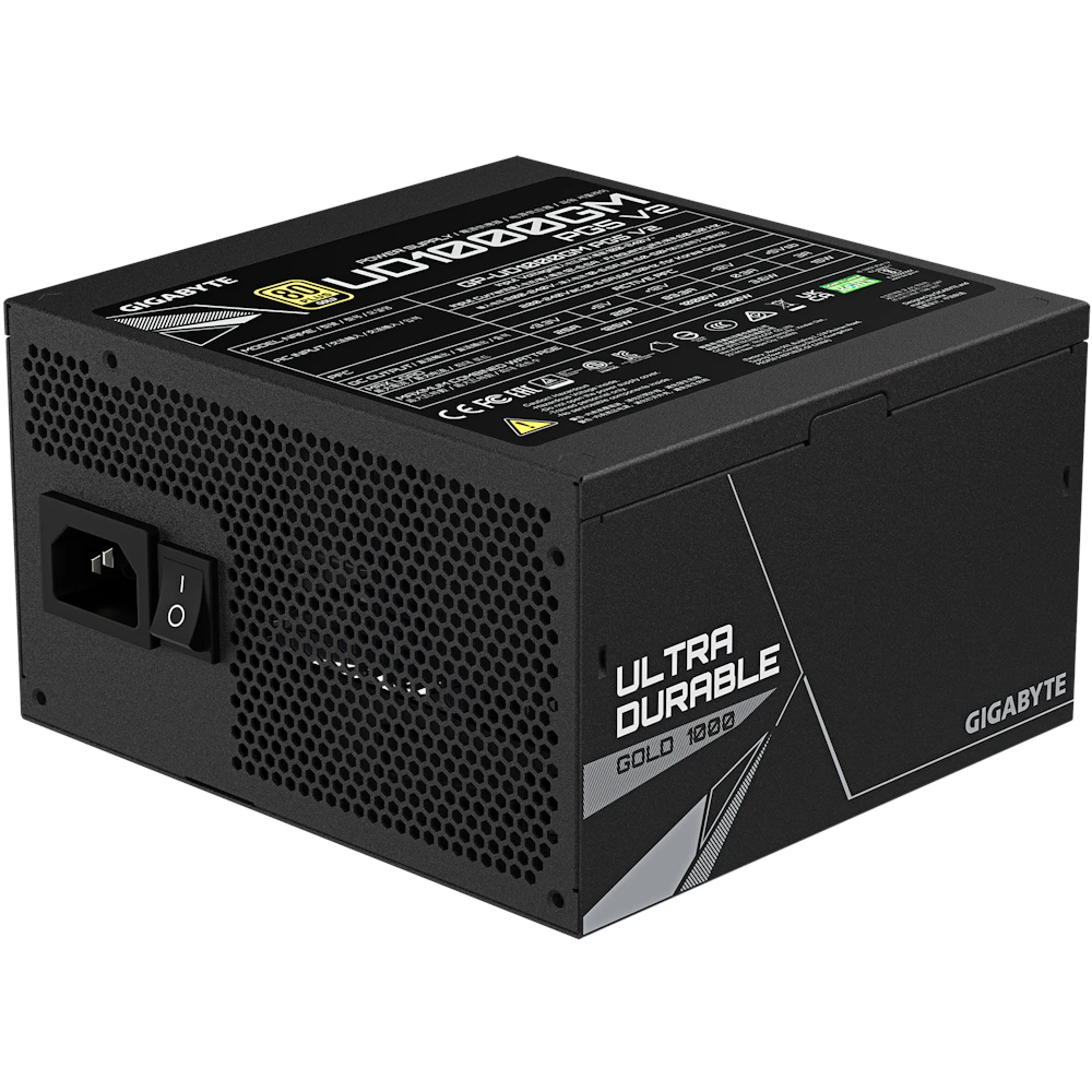 A large main feature product image of EX-DEMO Gigabyte UD1000GM PG5 V2 1000W Gold PCIe 5.1 ATX 3.1 Modular PSU - Black
