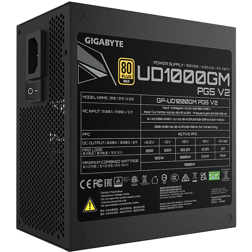 A large main feature product image of EX-DEMO Gigabyte UD1000GM PG5 V2 1000W Gold PCIe 5.1 ATX 3.1 Modular PSU - Black
