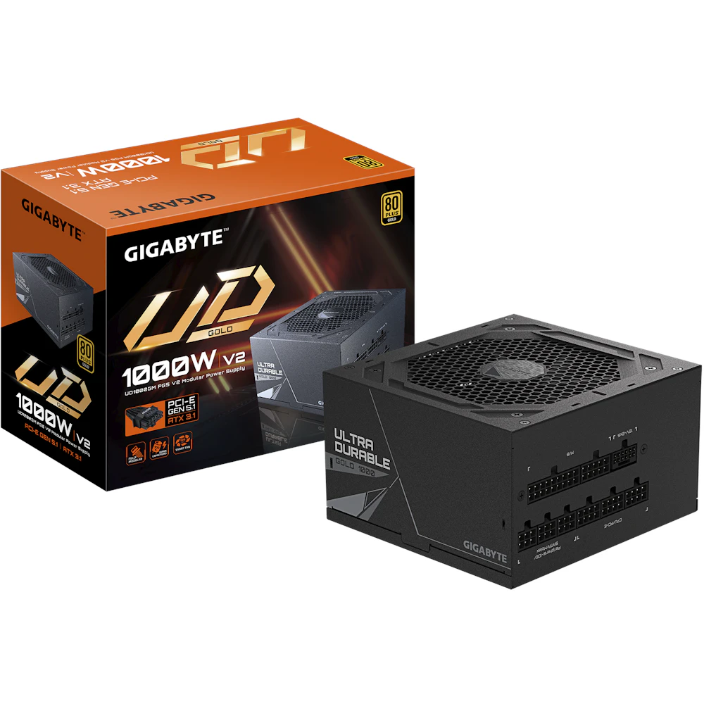 A large main feature product image of EX-DEMO Gigabyte UD1000GM PG5 V2 1000W Gold PCIe 5.1 ATX 3.1 Modular PSU - Black