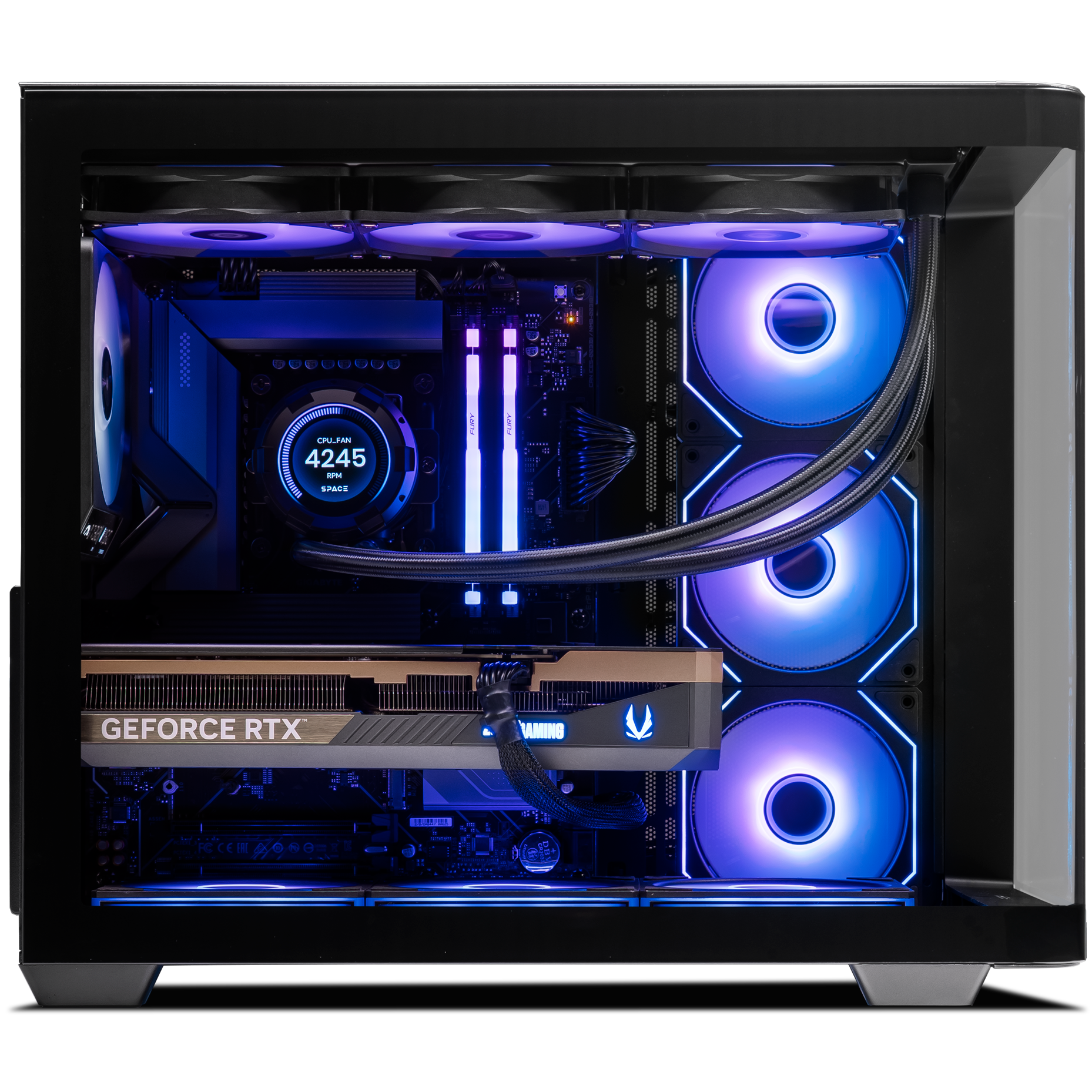 A large main feature product image of PLE Nexus RTX 5080 Prebuilt Ready To Go Gaming PC