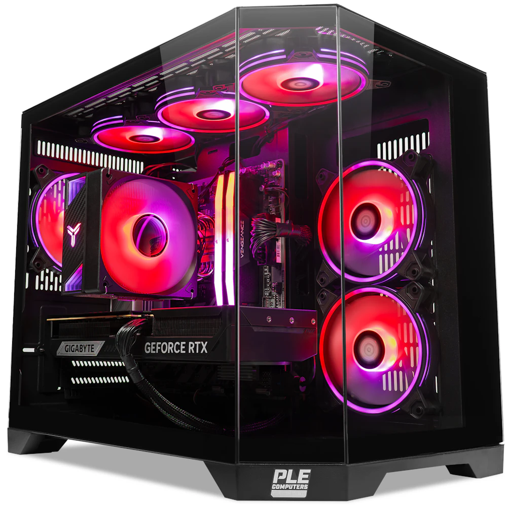 A large main feature product image of EX-DEMO PLE Ruby RTX 5070 Ti Prebuilt Ready To Go Gaming PC