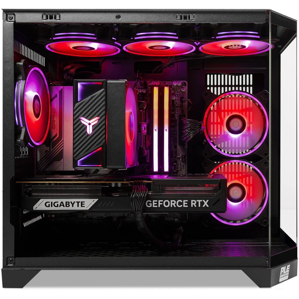 A large main feature product image of EX-DEMO PLE Ruby RTX 5070 Ti Prebuilt Ready To Go Gaming PC