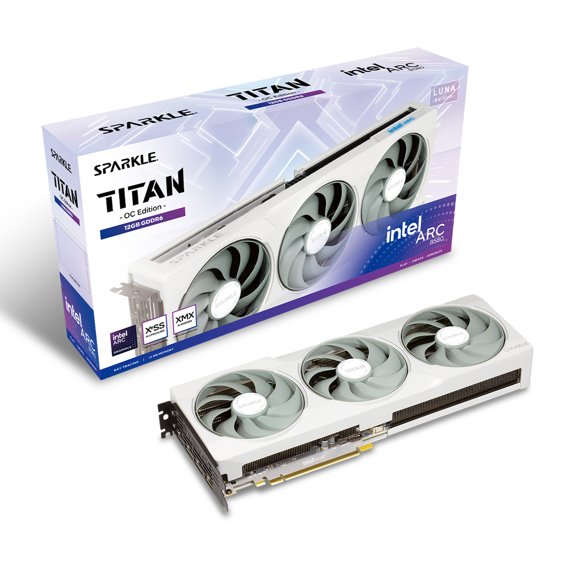 A large main feature product image of EX-DEMO SPARKLE Intel Arc Battlemage B580 TITAN Luna OC 12GB GDDR6