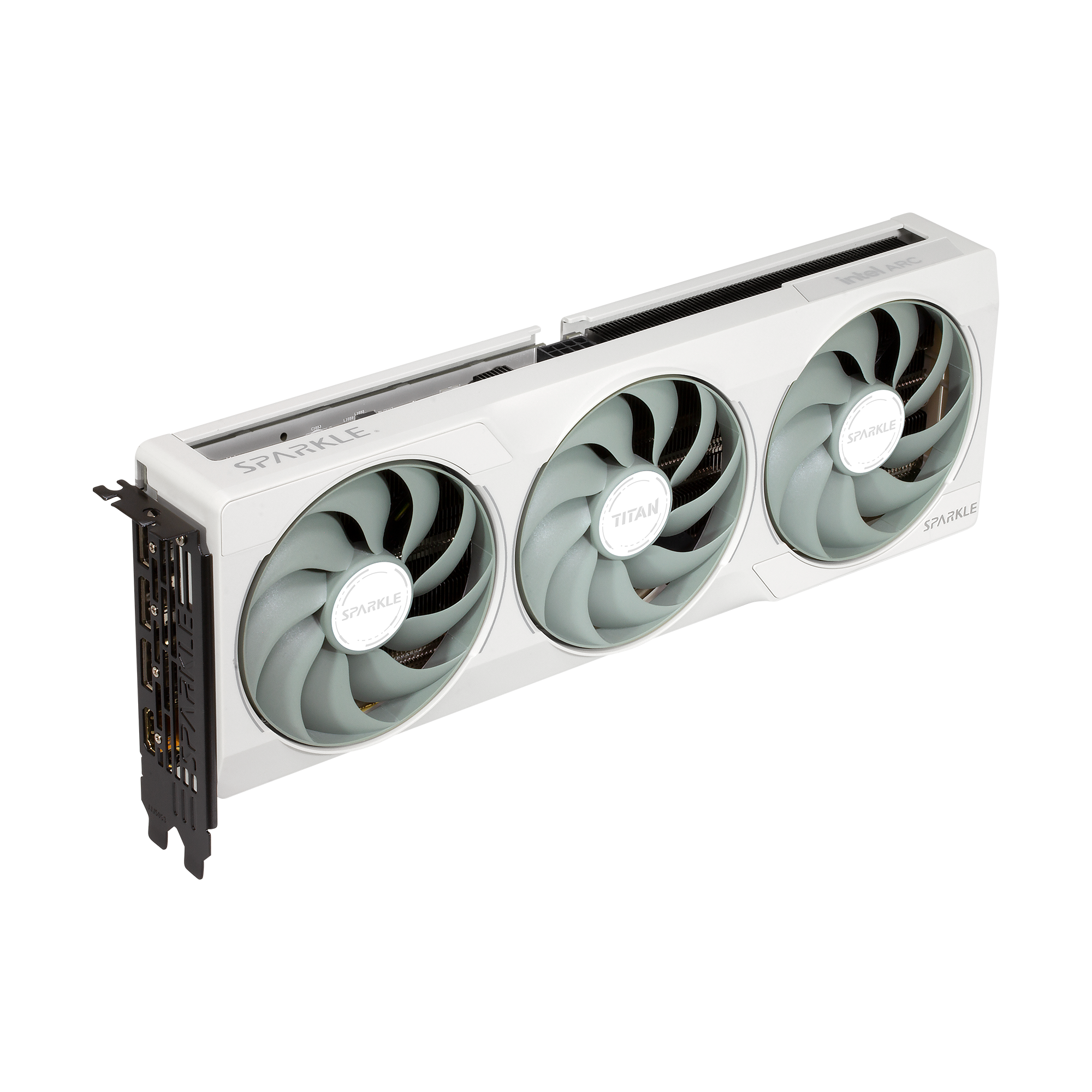 A large main feature product image of EX-DEMO SPARKLE Intel Arc Battlemage B580 TITAN Luna OC 12GB GDDR6