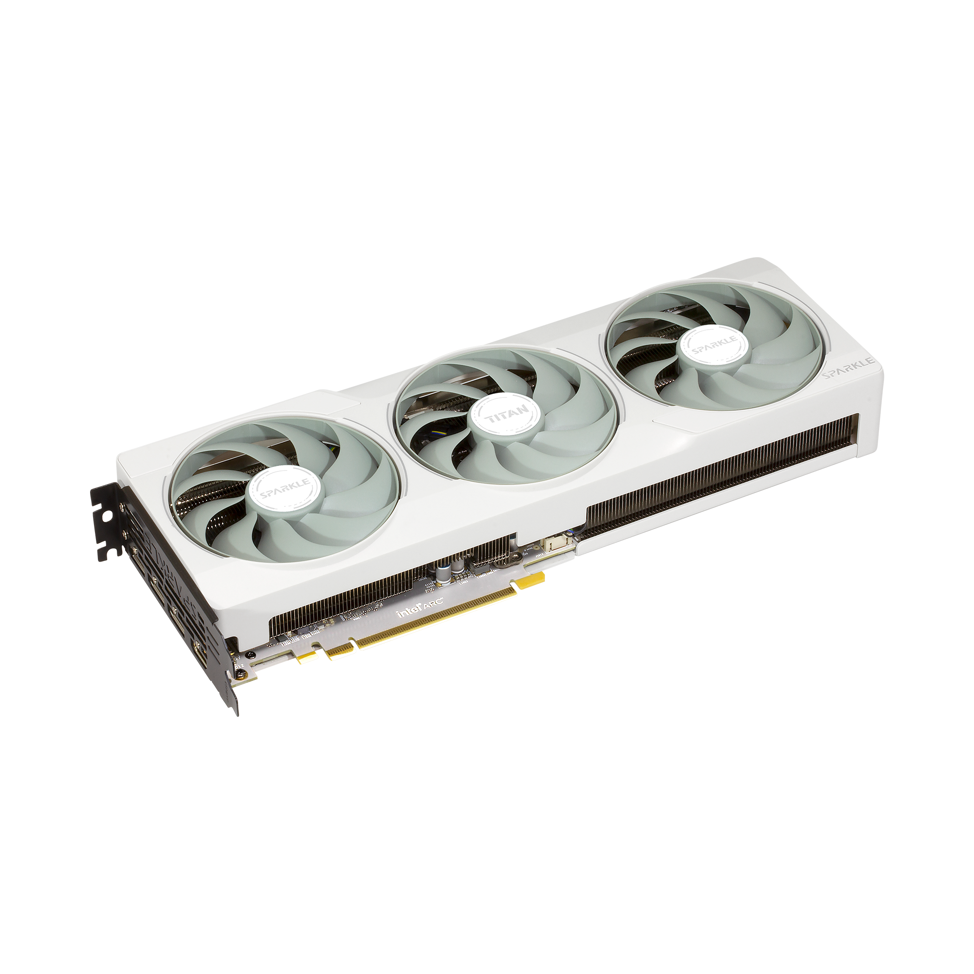 A large main feature product image of EX-DEMO SPARKLE Intel Arc Battlemage B580 TITAN Luna OC 12GB GDDR6