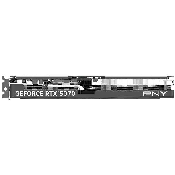 A large main feature product image of PNY GeForce RTX 5070 Dual Fan Slim OC 12GB GDDR7