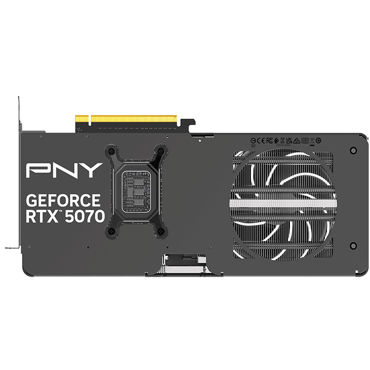 A large main feature product image of PNY GeForce RTX 5070 Dual Fan Slim OC 12GB GDDR7