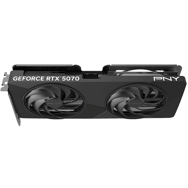 A large main feature product image of PNY GeForce RTX 5070 Dual Fan Slim OC 12GB GDDR7