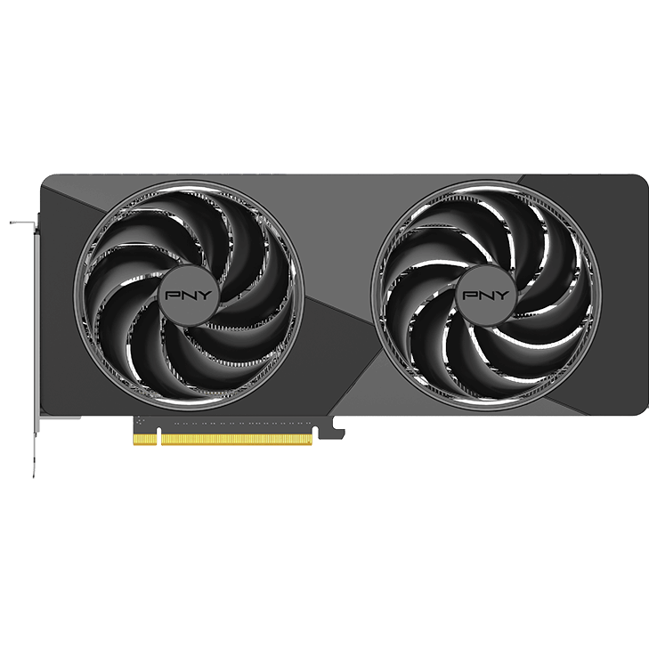 A large main feature product image of PNY GeForce RTX 5070 Dual Fan Slim OC 12GB GDDR7