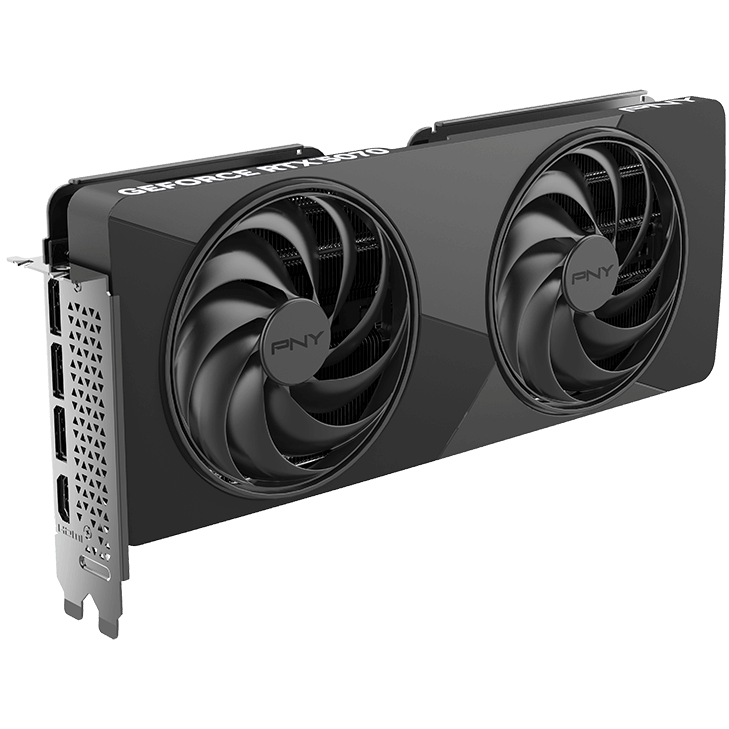 A large main feature product image of PNY GeForce RTX 5070 Dual Fan Slim OC 12GB GDDR7