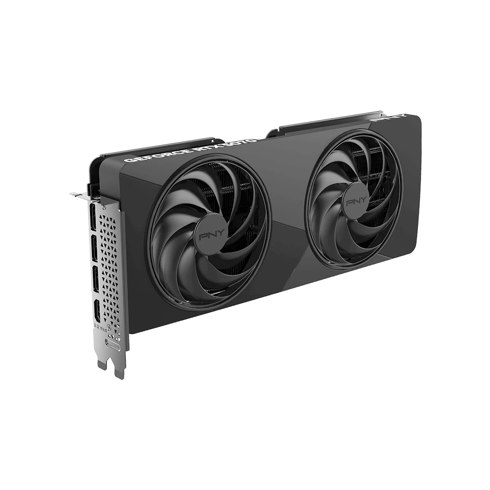 A large main feature product image of PNY GeForce RTX 5070 Dual Fan Slim OC 12GB GDDR7
