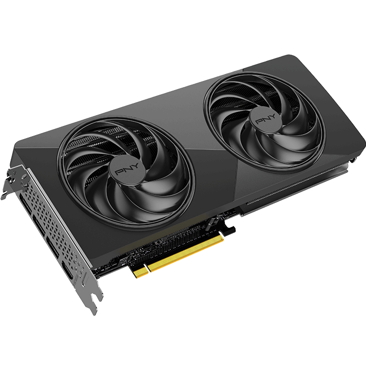 A large main feature product image of PNY GeForce RTX 5070 Dual Fan Slim OC 12GB GDDR7
