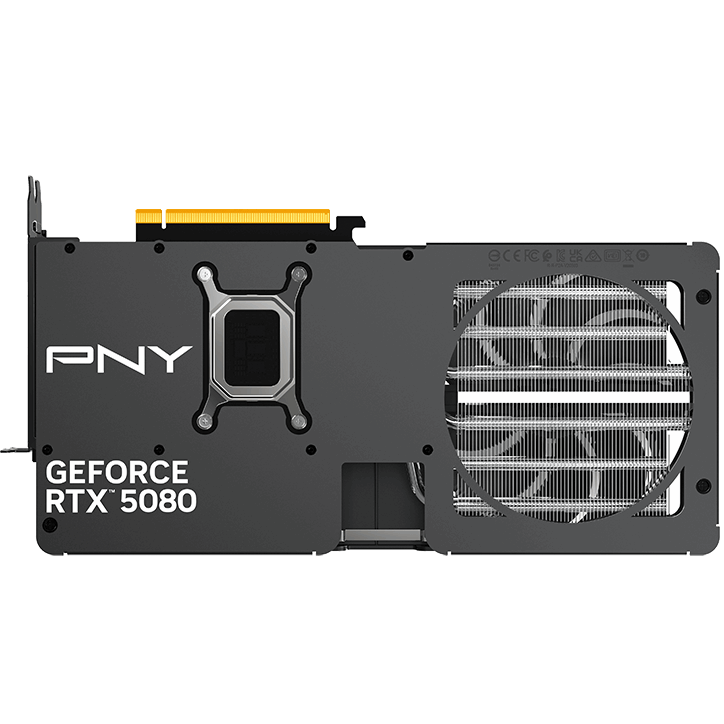 A large main feature product image of PNY GeForce RTX 5080 Dual Fan Slim OC 16GB GDDR7
