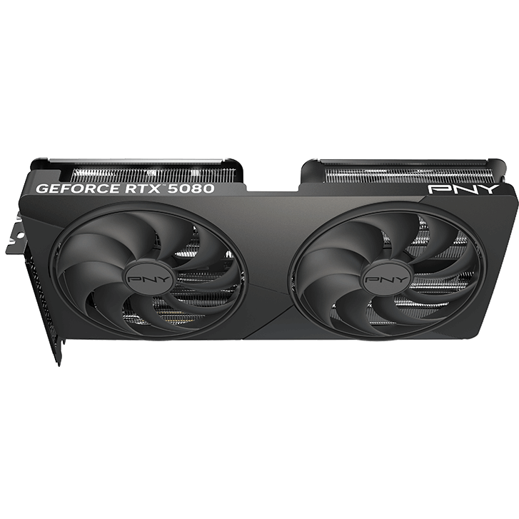 A large main feature product image of PNY GeForce RTX 5080 Dual Fan Slim OC 16GB GDDR7