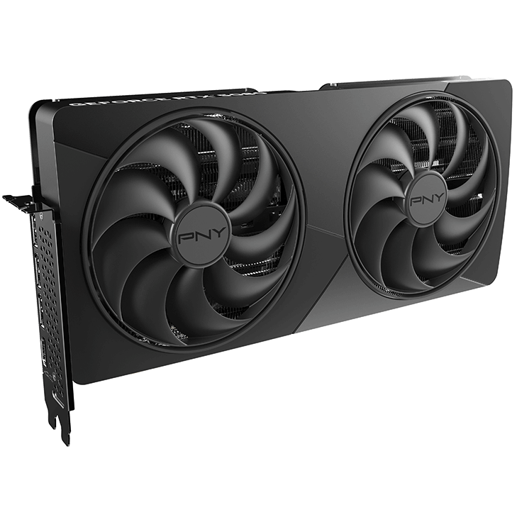 A large main feature product image of PNY GeForce RTX 5080 Dual Fan Slim OC 16GB GDDR7