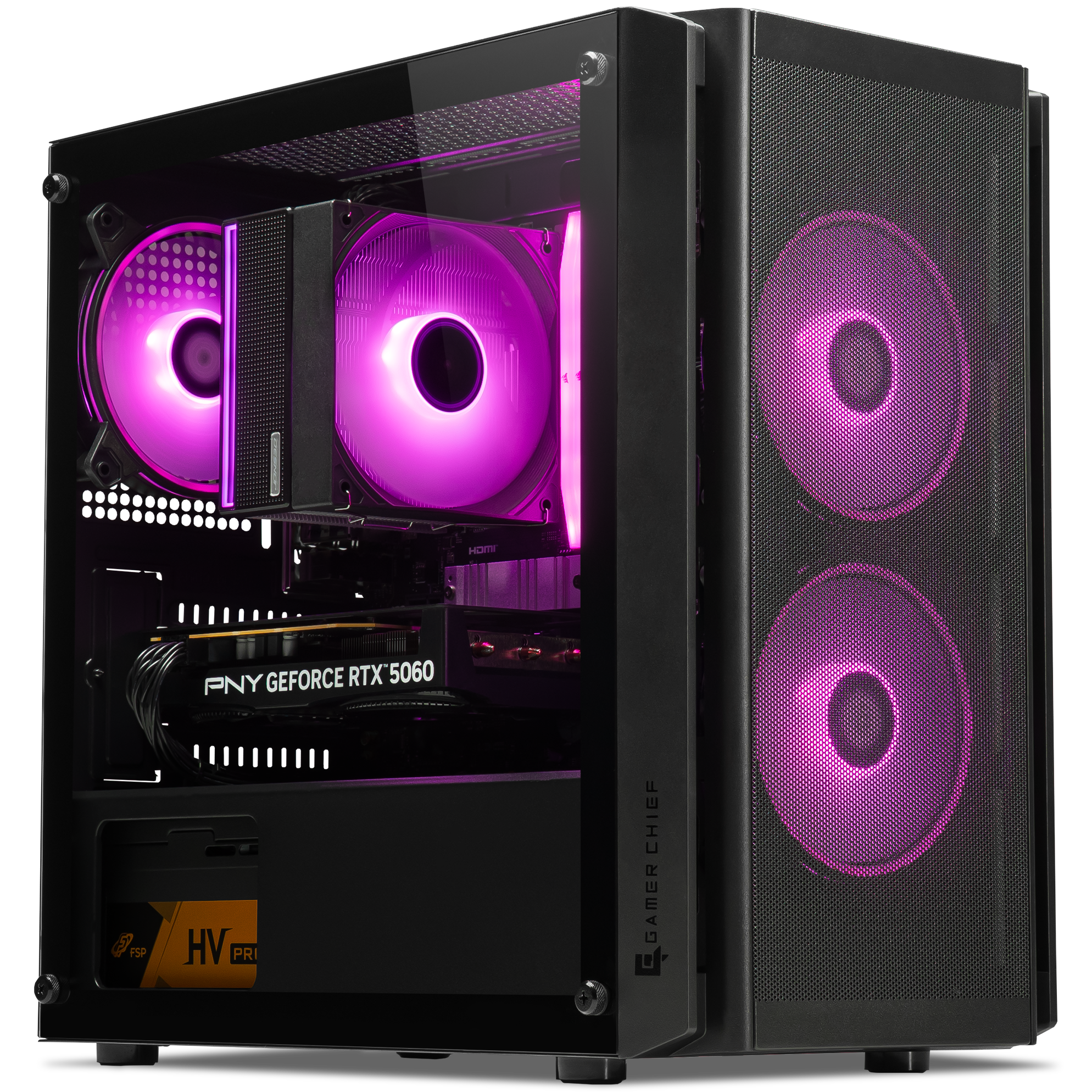 A large main feature product image of PLE Flow RTX 5060 Prebuilt Ready To Go Gaming PC