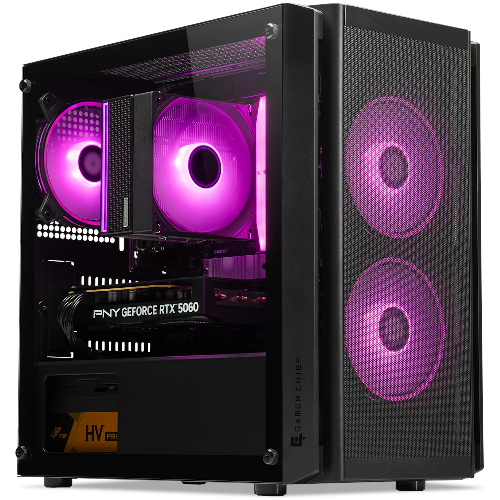 A large main feature product image of PLE Flow RTX 5060 Prebuilt Ready To Go Gaming PC