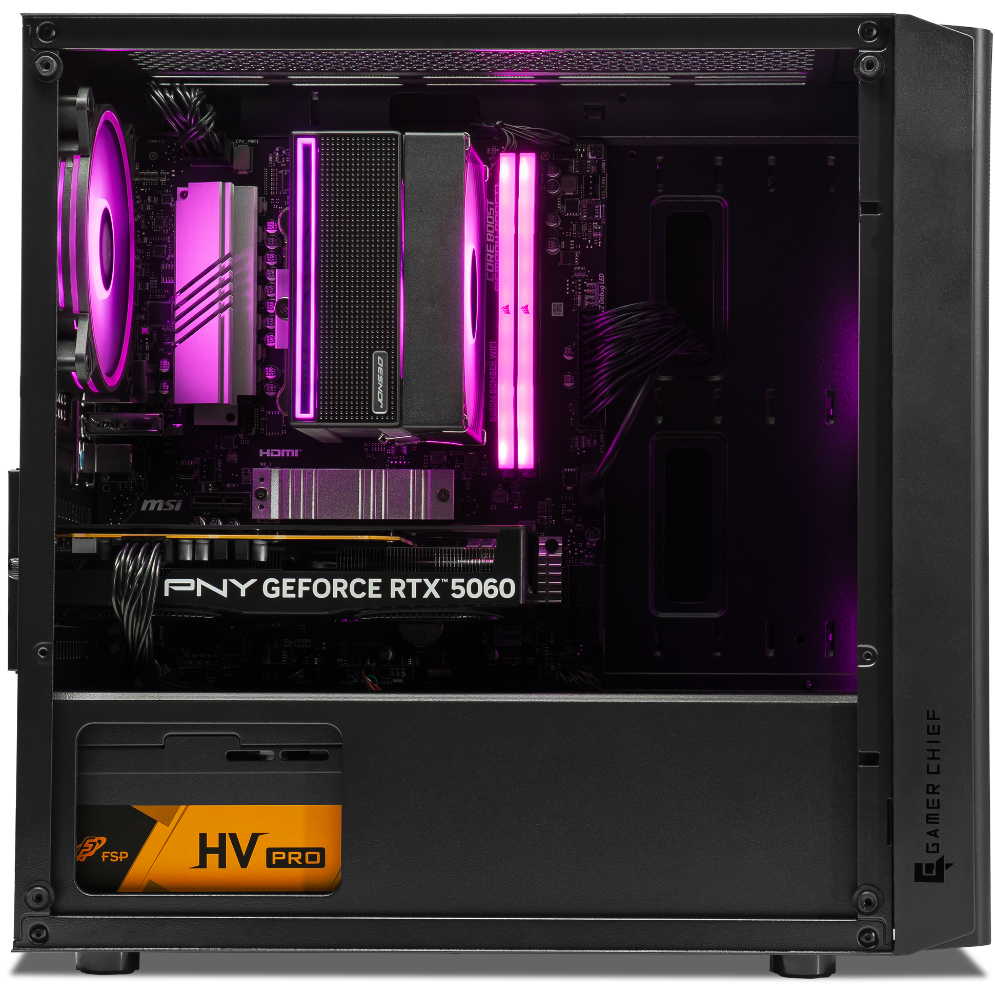 A large main feature product image of PLE Flow RTX 5060 Prebuilt Ready To Go Gaming PC