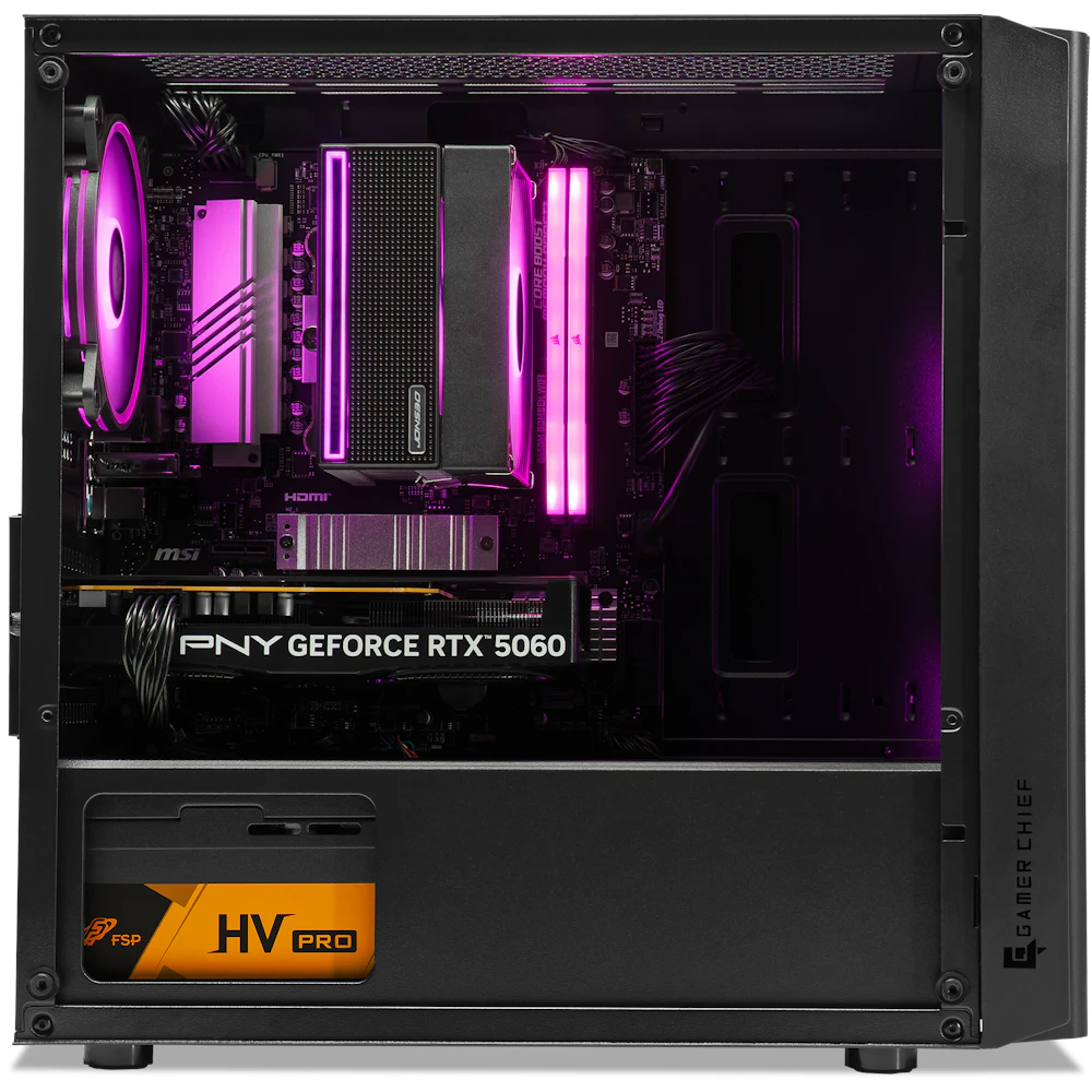 A large main feature product image of PLE Flow RTX 5060 Prebuilt Ready To Go Gaming PC