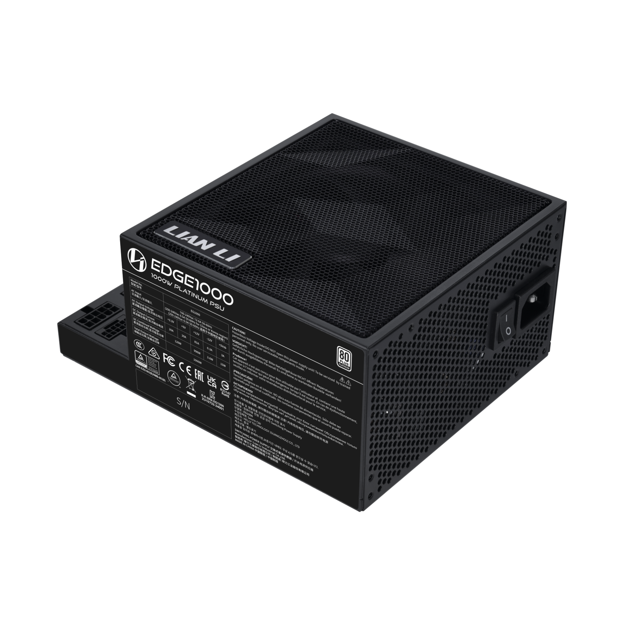 A large main feature product image of EX-DEMO Lian Li Edge 1000W Platinum PCIe 5.1 ATX 3.1 Modular PSU