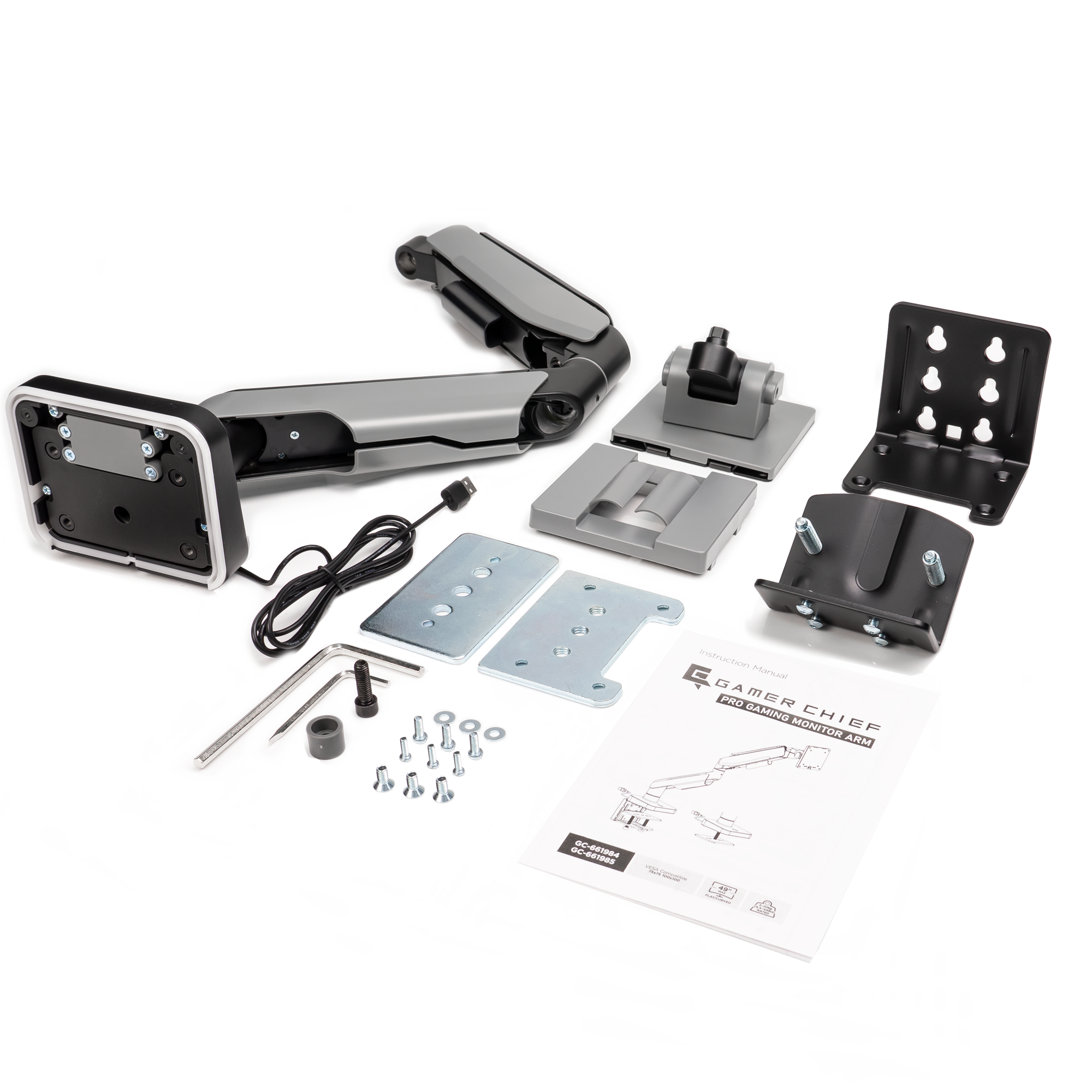 A large main feature product image of EX-DEMO GamerChief Pro Gaming Single Monitor Arm - Dark Grey w/RGB