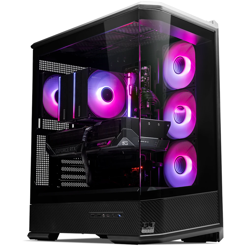 A large main feature product image of PLE Quantum RTX 5090 Prebuilt Ready To Go Gaming PC