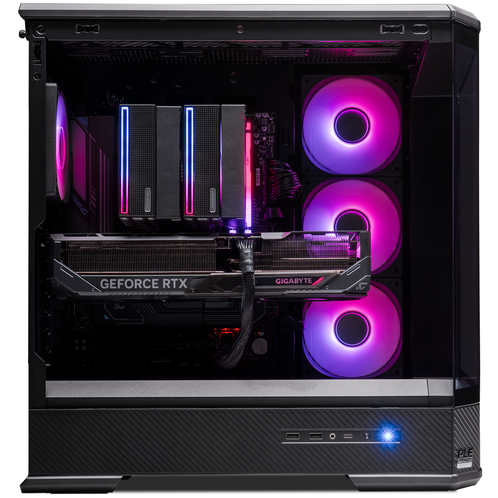 A large main feature product image of PLE Quantum RTX 5090 Prebuilt Ready To Go Gaming PC