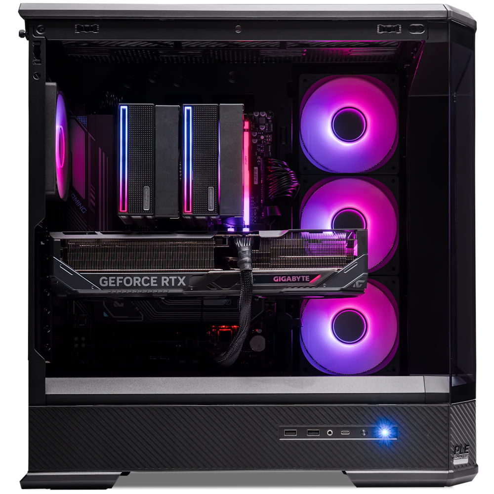 A large main feature product image of PLE Quantum RTX 5090 Prebuilt Ready To Go Gaming PC