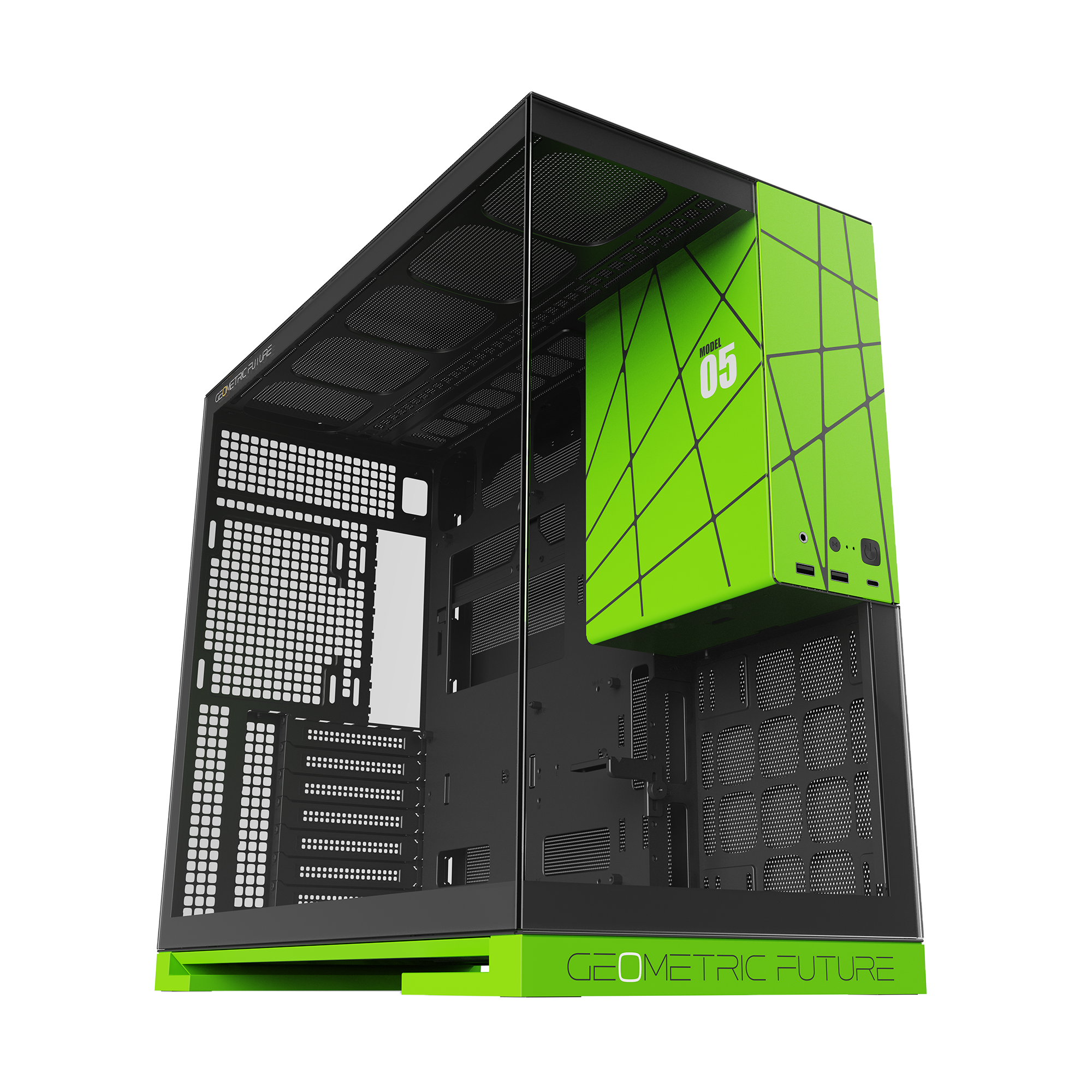 A large main feature product image of EX-DEMO Geometric Future Model 5 - Mid Tower Glass Case (Black/Green)