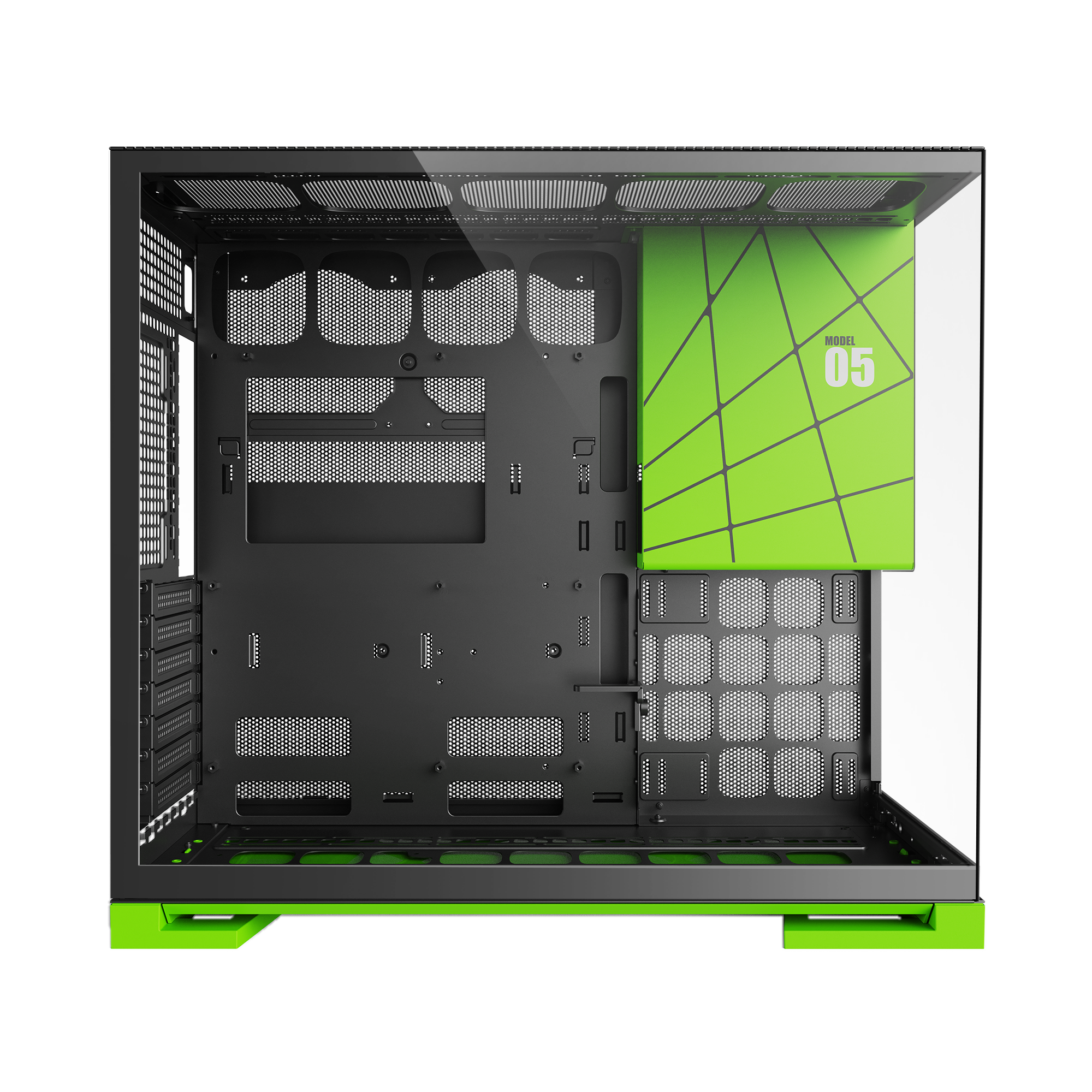 A large main feature product image of EX-DEMO Geometric Future Model 5 - Mid Tower Glass Case (Black/Green)