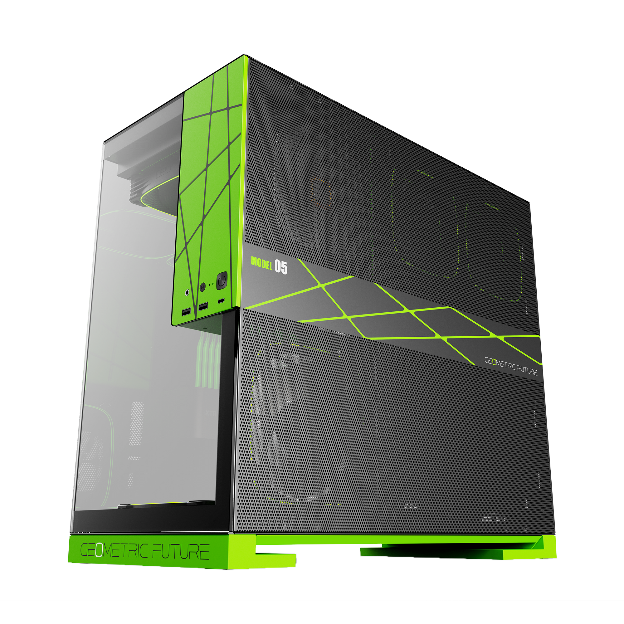 A large main feature product image of EX-DEMO Geometric Future Model 5 - Mid Tower Glass Case (Black/Green)