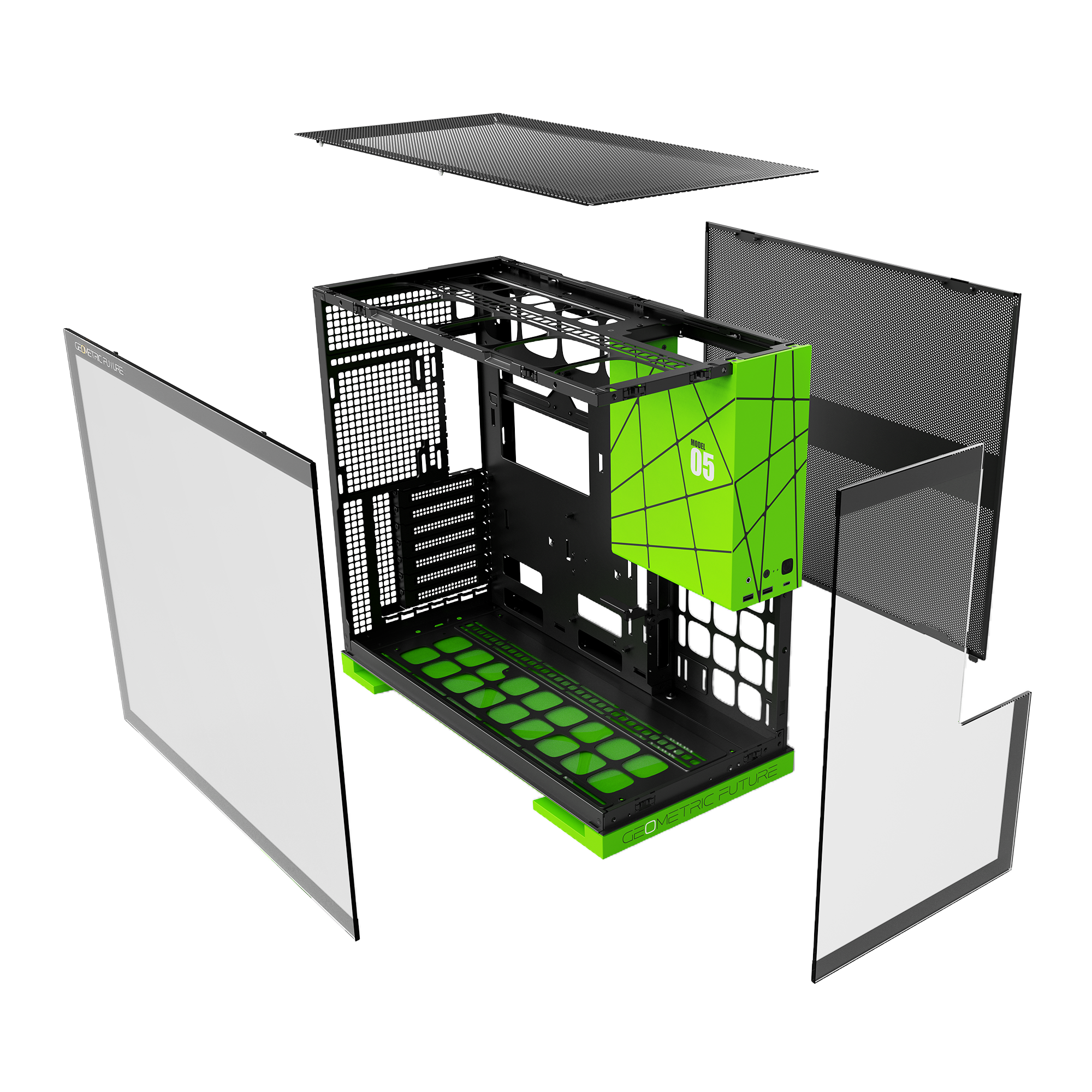 A large main feature product image of EX-DEMO Geometric Future Model 5 - Mid Tower Glass Case (Black/Green)