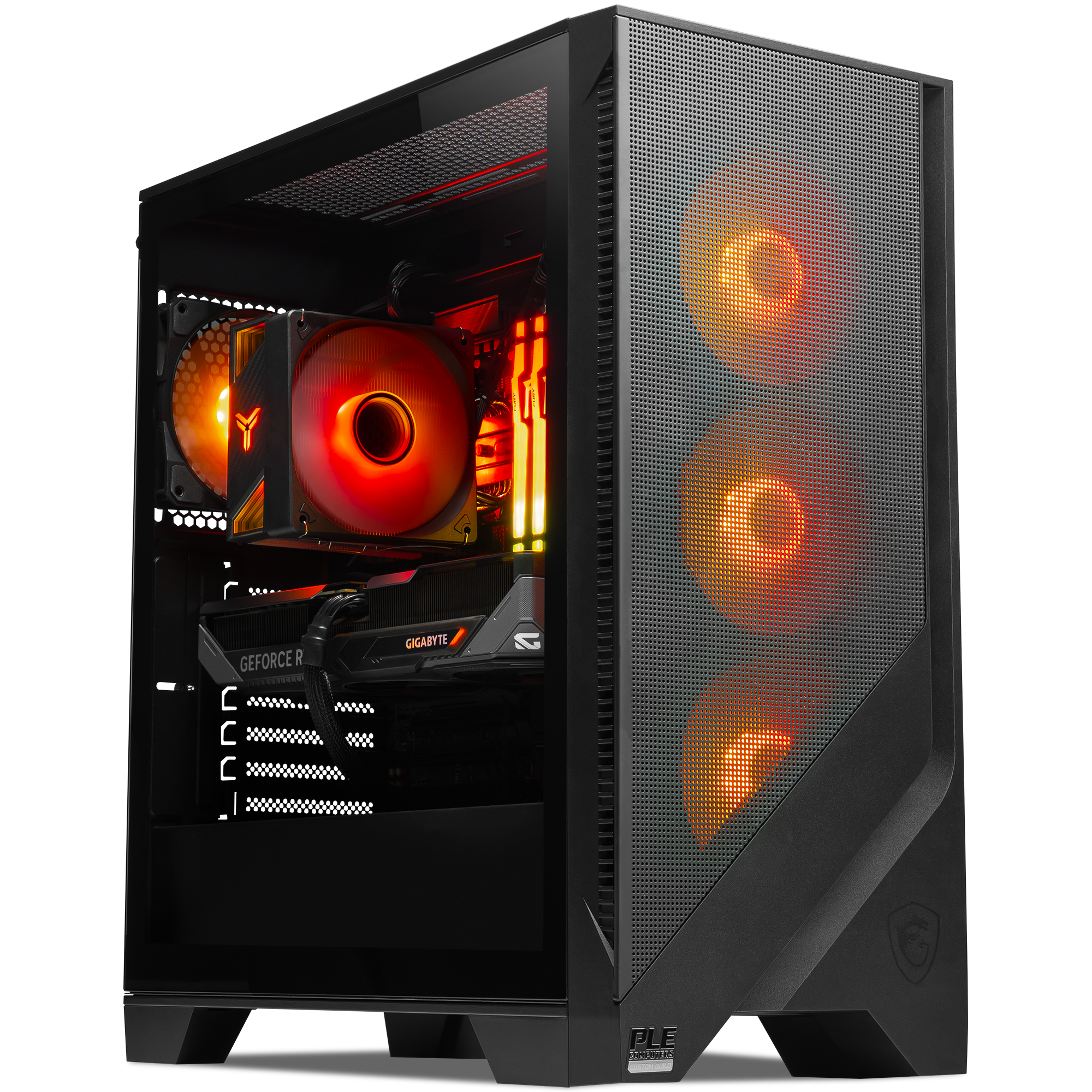 A large main feature product image of PLE Flame RTX 5070 Prebuilt Ready To Go Gaming PC