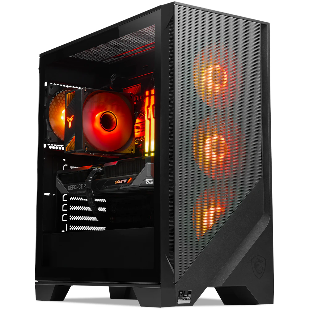 A large main feature product image of PLE Flame RTX 5070 Prebuilt Ready To Go Gaming PC