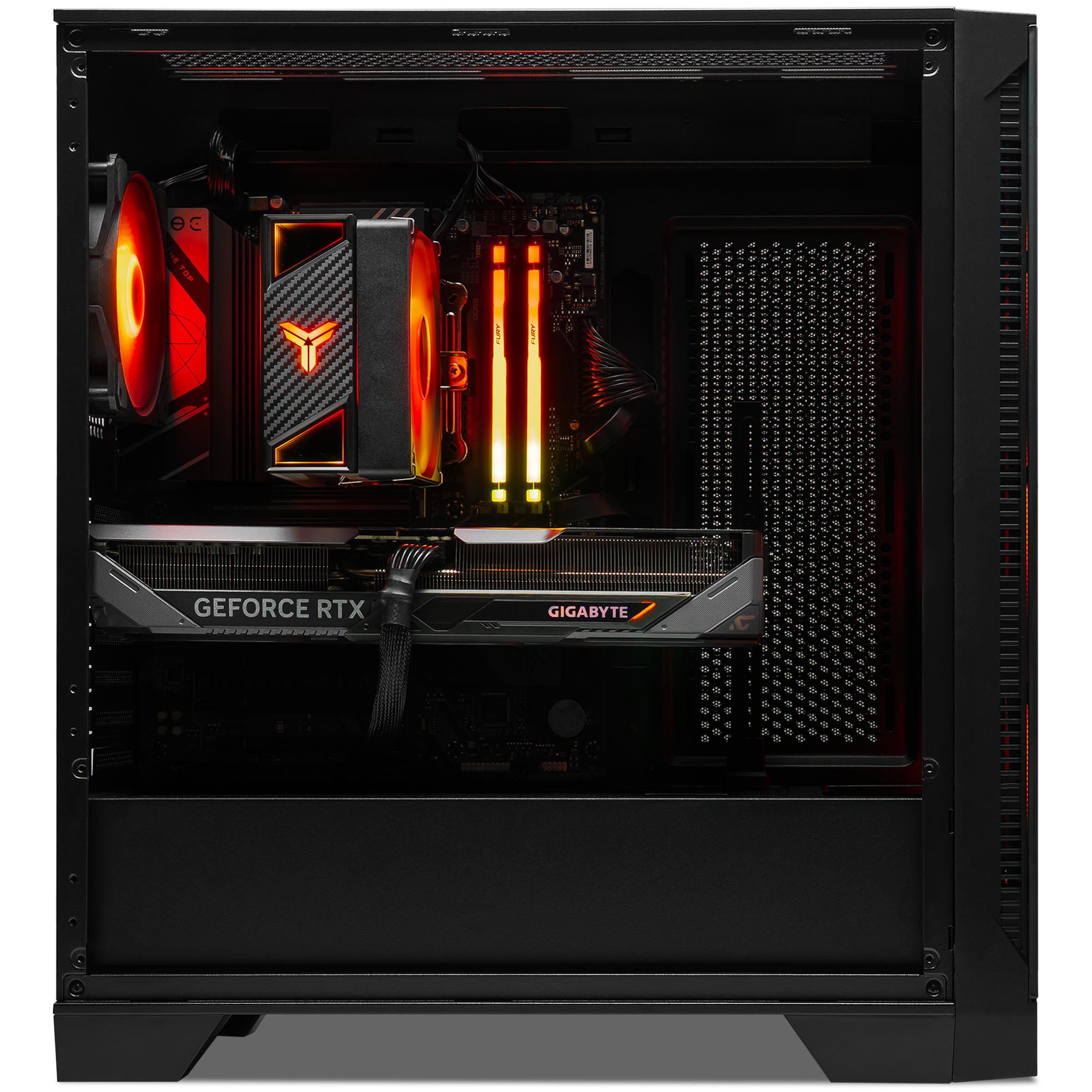 A large main feature product image of PLE Flame RTX 5070 Prebuilt Ready To Go Gaming PC