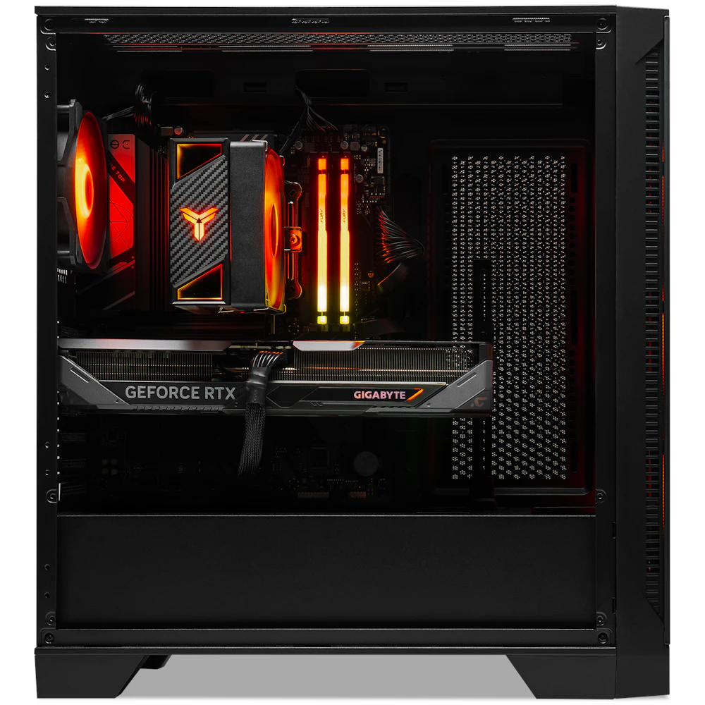 A large main feature product image of PLE Flame RTX 5070 Prebuilt Ready To Go Gaming PC