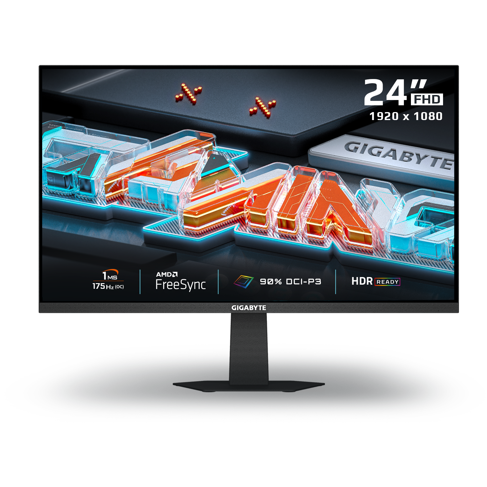 A large main feature product image of Gigabyte GS24F14A - 24" 1080p 144Hz IPS Gaming Monitor
