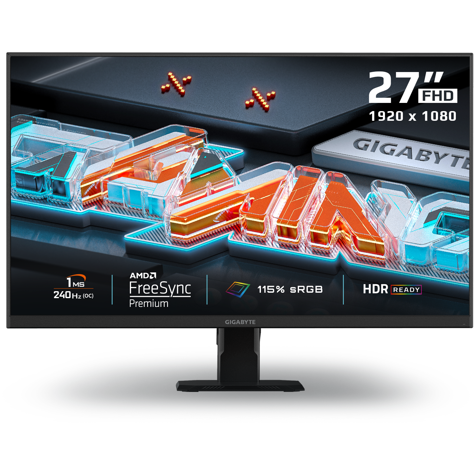 A large main feature product image of Gigabyte GS27F2 - 27" 1080p 240Hz IPS Gaming Monitor 