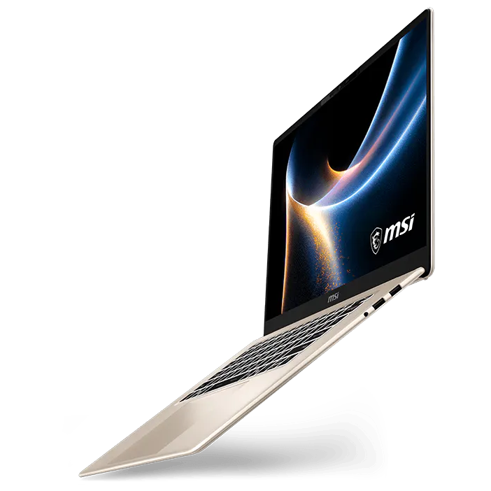 A large main feature product image of MSI Prestige 16 AI+ (C3M) - 16" 2.8K OLED, Ultra X7 358H, 32GB/2TB - Win 11 Notebook (Beige Gold)